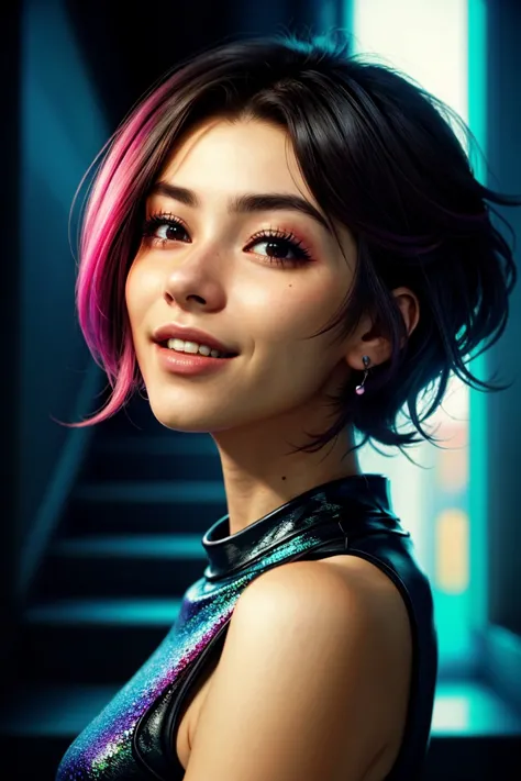 (cyberpunk cityscape, neon, dark, futuristic, detailed:1.15), (high angle, closeup on face:1.2) <lora:sd15_AdrianaCallori_v2:.9> AdrianaCallori, smiling, she is wearing korean clothes, her hair is styled as french bob hair, BREAK she is (in the staircase:1.1), radiant god rays, technicolor,Ektar 100 ,