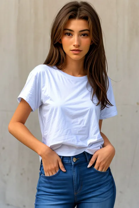 a woman in a white shirt and blue jeans posing for a picture