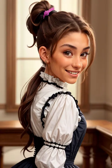 upper body photo of AdrianaCallori, focus on smiling face, wearing victorian clothing , her dark bronze hair is styled as twisted ponytail,