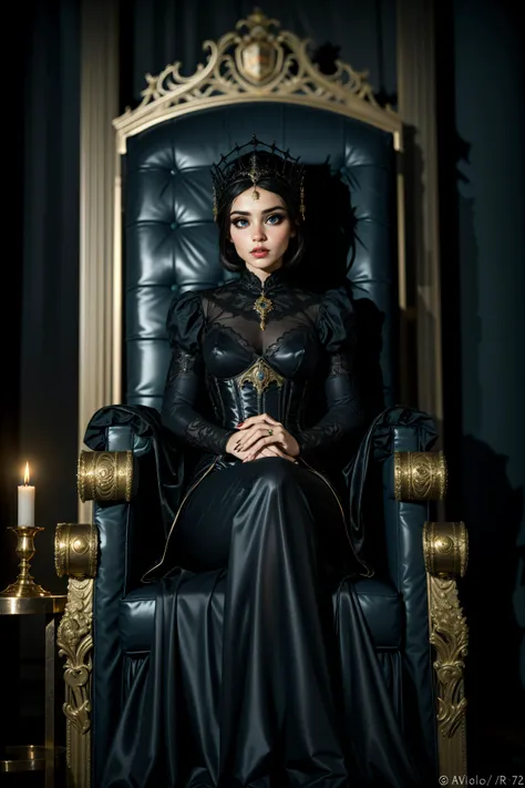 a woman in a black dress sitting on a throne with candles