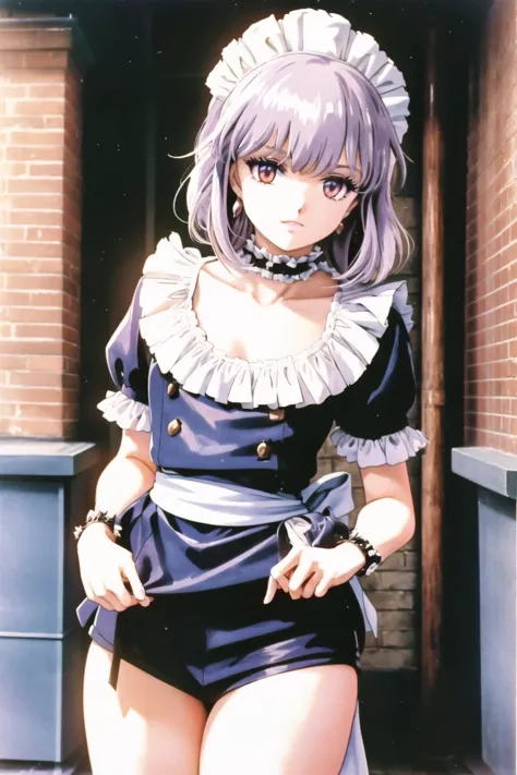 anime girl in a maid outfit standing in front of a brick building