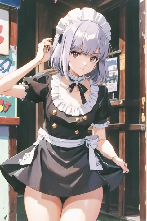 anime girl in maid outfit posing in front of a store