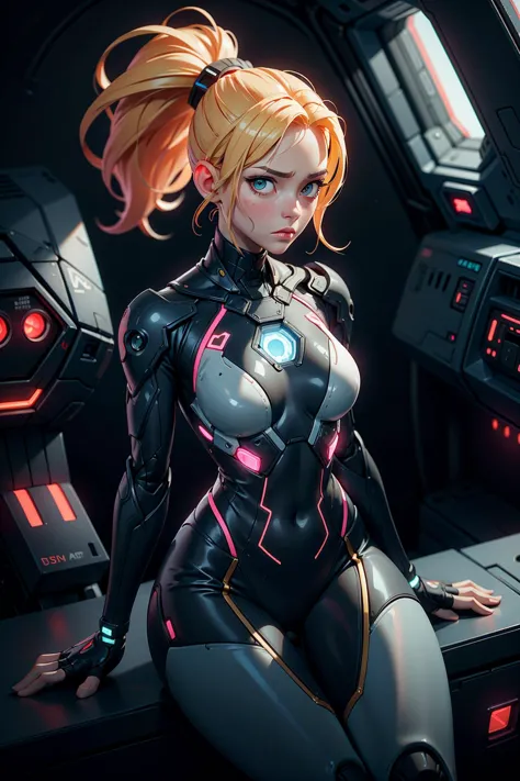 a woman in a futuristic suit sitting on a desk