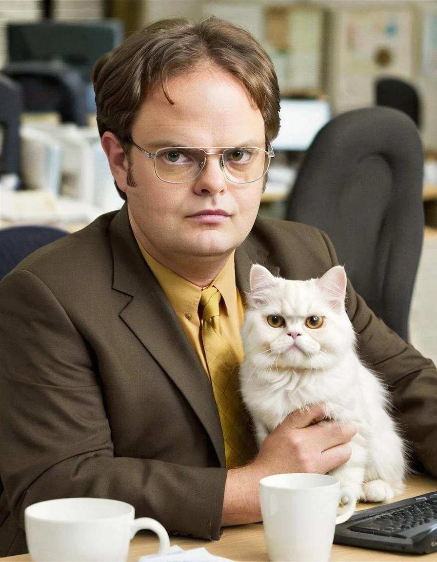 겨자 셔츠와 안경과 갈색 양복을 입은 남자의 Dwightschrute 인물 사진, 흰 페르시안 고양이를 안고 있는 모습, 사무실 책상 옆에 앉아, 고품질, 매우 날카로운, 전문 사진 