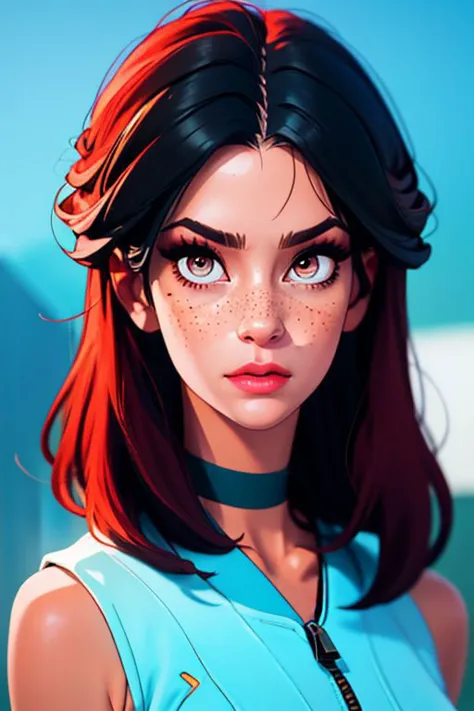 portrait, rendered,<lora:portraitfixerv2:1>, 1girl, mature woman, gothic makeup, cyan hair, caramel lipstic, turmeric lob (long ...