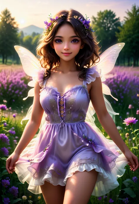 (medium full shot) of (magical fairy) young woman, spanish, dark brown eyes, tan skin, slender,             wearing a __cf-fairy...