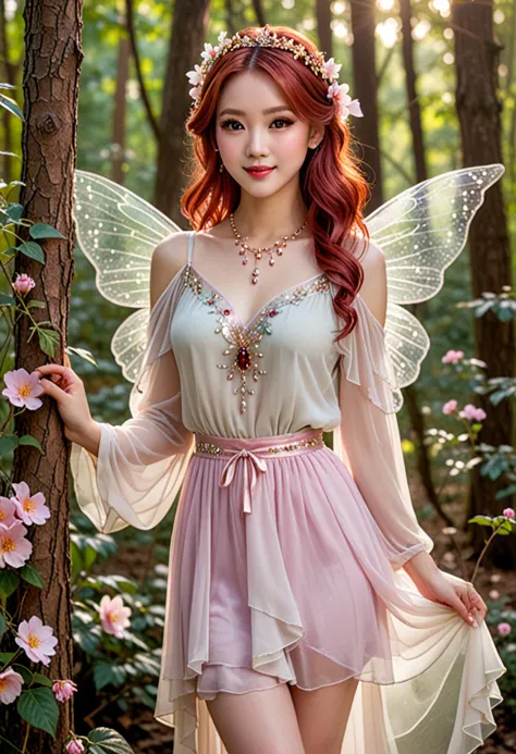 (medium full shot) of  (radiant fairy) young woman, chinese, dark eyes, fair skin, petite,             wearing a flowing chiffon...