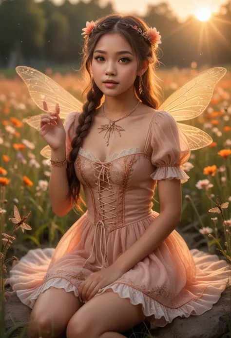 (medium full shot) of (magical fairy) young woman, thai, brown eyes, light brown skin, petite,             wearing a __cf-fairy/...