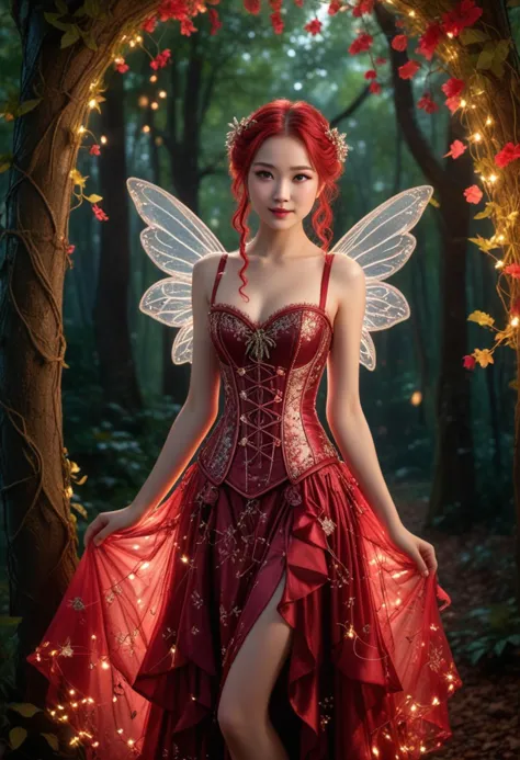 (medium full shot) of (enchanting fairy) young woman, chinese, dark eyes, fair skin, petite,             wearing a shimmering corset,flowing skirt with sparkling details, satin slippers with bow details, ruby red braided hair with tiny blossoms, glowing crystal wings, sparkling eyeshadow,intricate vine bracelet, smiling at the viewer, set in  an enchanted forest, where towering trees with glowing leaves create a canopy of light, and the air is filled with the soft hum of magic, under the moonlight, Masterpiece,best quality, photorealistic, amazing quality, very aesthetic, extremely detailed face,