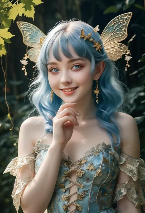 (medium full shot) of (mystical fairy) young woman, voluptuous build, heterochromia eyes, korean, pale skin, blue hair adorned w...