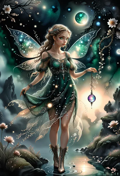 illustration, (graceful fairy) young woman, normal build, dark green eyes, american, light tan skin, cf-model/hair-color braided hair with tiny blossoms,  wearing a lace dress , beaded ankle boots, glowing crystal wings, sparkling eyeshadow,holding a fairy dust pouch,enchanted bracelet with tiny charms, set in astral grove where the planets align in perfect harmony and the air is filled with the hum of cosmic energy , at sunset, illusion, black ink, washed-out, ink smears, ink splashes, intricate details, ultra sharp, Exquisite detail, flawless composition, masterpiece, monochrome