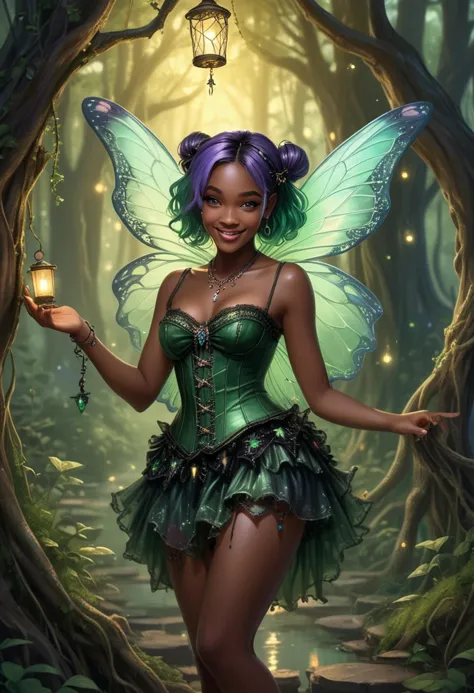 (medium full shot) of (captivating fairy) young woman, willowy build, violet eyes, black american, dark skin, green hair styled into elegant twists,  wearing a corset top with delicate lace details,beaded mini skirt with shimmering details, delicate sandals with fairy dust, translucent butterfly wings, lip gloss,star-shaped brooch tiny bell anklet holding a lantern glowing softly with the light of fireflies, set in  an ancient forest, where the gnarled roots of old trees form natural pathways, the air is thick with the scent of earth and magic, at sunset, woman smiling, detailed face, ,Masterpiece,best quality, raw photo, realistic, very aesthetic