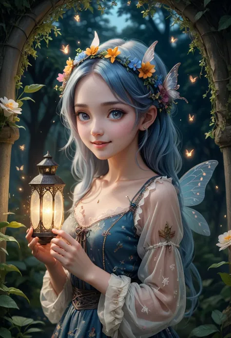 (medium full shot) of (enchanting fairy) young woman, slender build, heterochromia eyes, thai, light brown skin, blue hair tied with a delicate crown of flowers,  wearing a sheer blouse with ethereal patterns,floral patterned skirt, ethereal lace-up boots, ethereal moth wings, lip gloss,holding a magical wand adorned with gemstones delicate floral crown holding a lantern glowing softly with the light of fireflies, set in  an ancient garden, where the trees are tall and the flowers are vibrant, the air is thick with the scent of history and magic, woman smiling, detailed face, ,Masterpiece,best quality, photo, realistic, very aesthetic