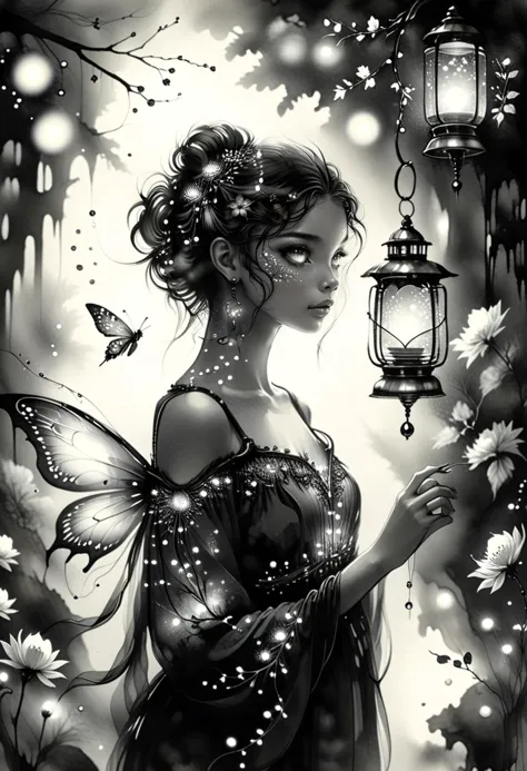 illustration, (luminous fairy) young woman, full-figured build, amber eyes, south african, dark skin, cf-model/hair-color hair tied with a delicate crown of flowers,  wearing a silk camisole with intricate embroidery,magical wrap skirt with vine accents, fairy tale-inspired heels, glowing crystal wings, subtle blush with a shimmer,tiny bell anklet,holding a lantern glowing softly with the light of fireflies, set in a whimsical forest, where every tree has a unique shape and color, the air is filled with the sweet scent of blooming flowers, illusion, black ink, washed-out, ink smears, ink splashes, intricate details, ultra sharp, Exquisite detail, flawless composition, masterpiece, monochrome