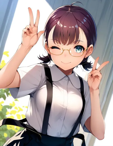 anime girl with glasses and suspenders making a peace sign