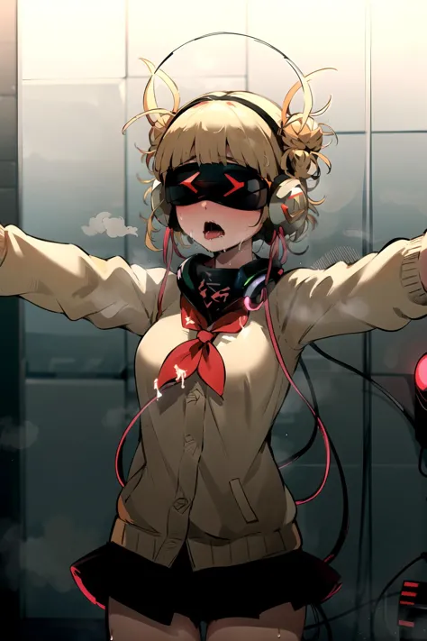 anime girl with headphones and a blindfold holding a microphone