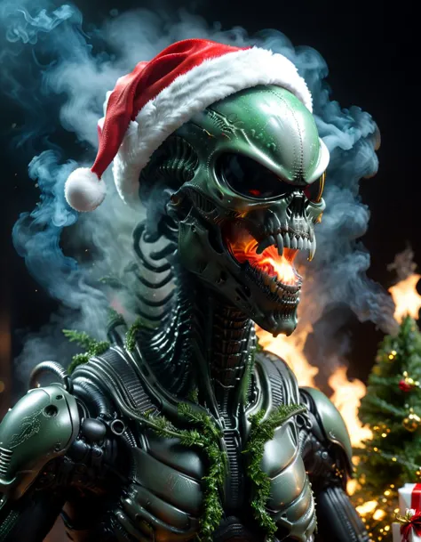 a close up of a toy alien with a santa hat on