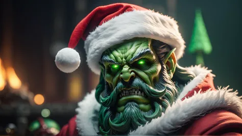 HDR photo of cinematic film still ai overlord,santa,<lora:AI_Overlord_Santas_-_The_Green_Team_LoRA:0.9>,greenteam,warhammer 40k,santa hat,green focus, . shallow depth of field . High dynamic range