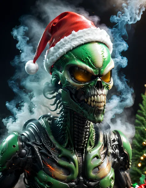 Alien Xenomorph wearing a Santa Hat, christmas, cinematic, smoke, high detail, realistic, light effect, hyper detail, volumetric lighting, cinematic, macro, depth of field, octane render, excellent composition, dynamic dramatic cinematic, art by mooncryptowow,   <lora:WowifierXL-V2:0.7> <lora:xl_more_art-full_v1:1> , <lora:AI_Overlord_Santas_-_The_Green_Team_LoRA:0.3>, greenteam,