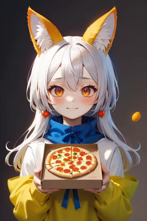 anime girl with white hair holding a pizza in front of her face