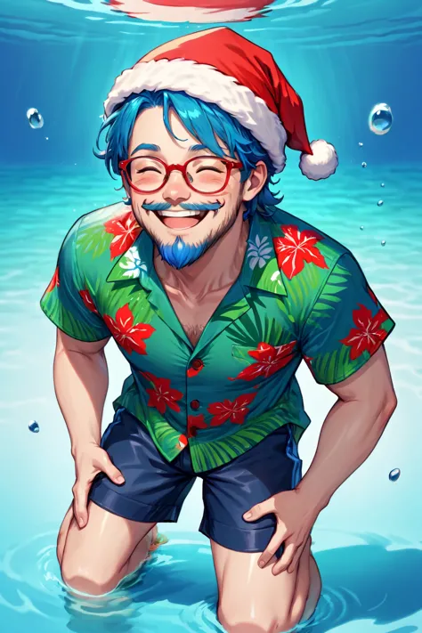 a man in a santa hat and glasses standing in the water