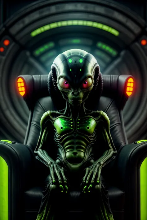 alien sitting in a chair with glowing eyes and glowing eyes