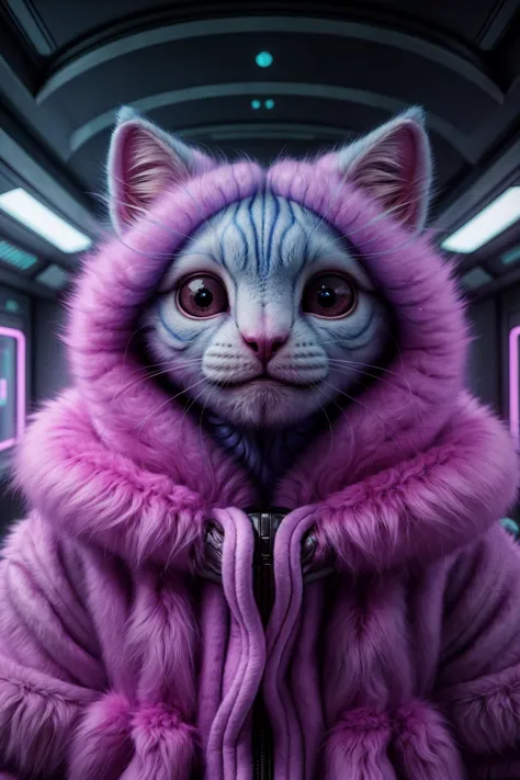 a close up of a cat wearing a purple coat with a hood