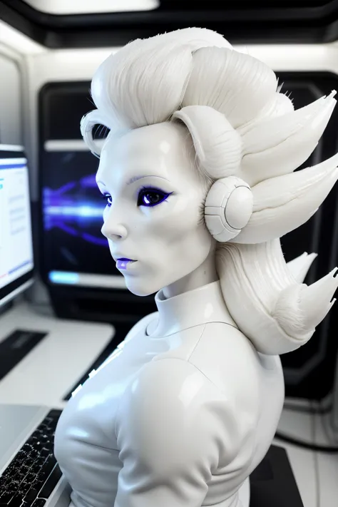 alien, white skin, (white lips:1.4), side profile, plastic, shiny, reflections, fluffy hair.
Typing on a computer screen in a space station,
<lora:FemAlien:0.8>