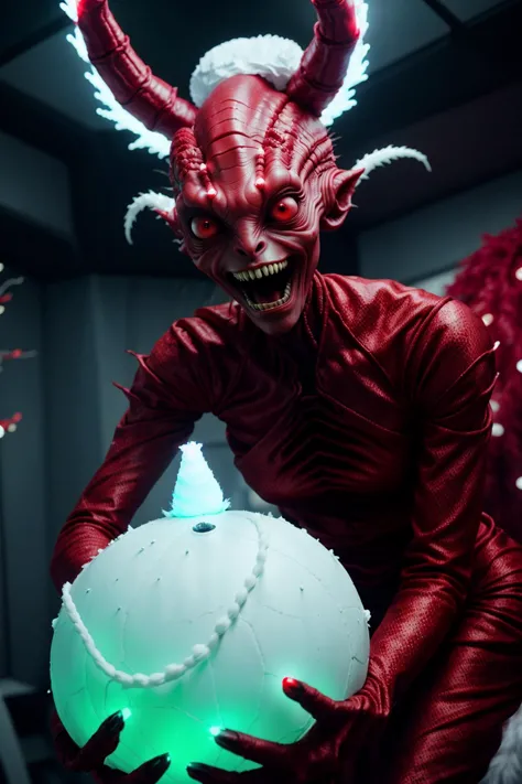 there is a man in a devil costume holding a ball