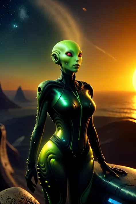 a woman in a futuristic suit standing on a rock with a sunset in the background