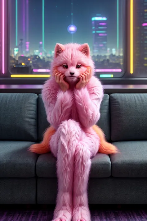 <lora:FemAlien:0.8> femalien sitting on the couch,  fluffy, pelt, soft, very hairy, cute, pink, orange, neon,
highly detailed, cinematic, city background, living room background