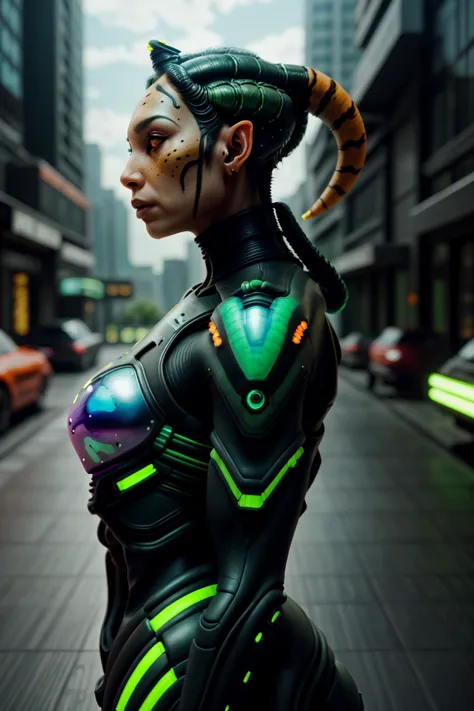 a close up of a person in a futuristic suit on a city street