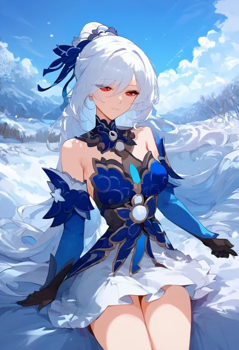 score_9, score_8_up, score_7_up, masterpiece, 4k, high quality, ((solo)), snow background
hsrjingliu, white hair, high ponytail, red eyes, blue dress, blue sleeves, detached sleeves, black gloves, white skirt, bare shoulders