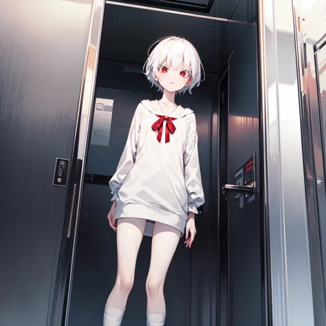 anime girl in a short dress standing in a elevator