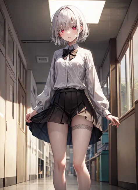 anime girl in short skirt and blouse posing in hallway