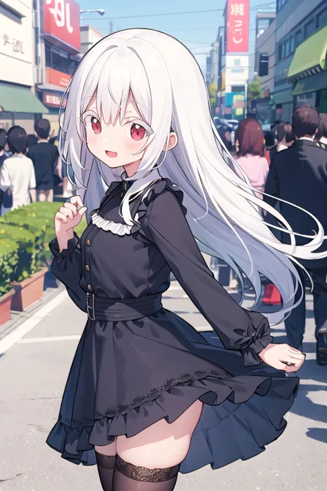 anime girl in a short dress with long white hair and stockings