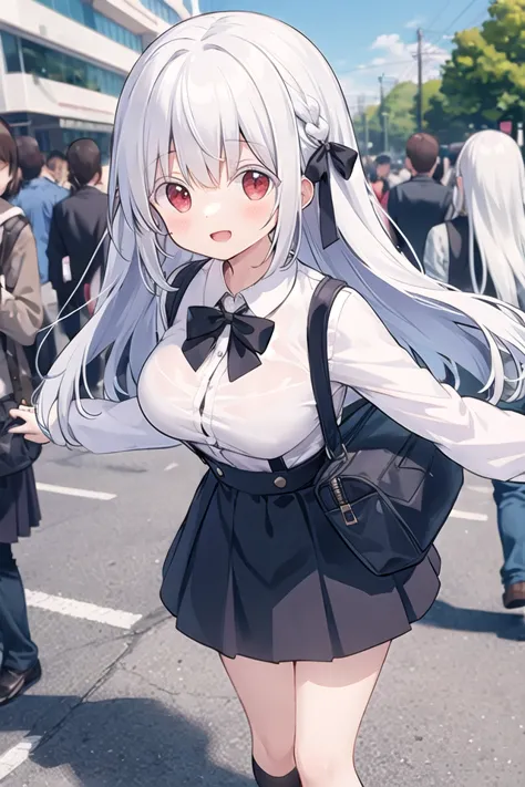 anime girl in a school uniform walking down a street