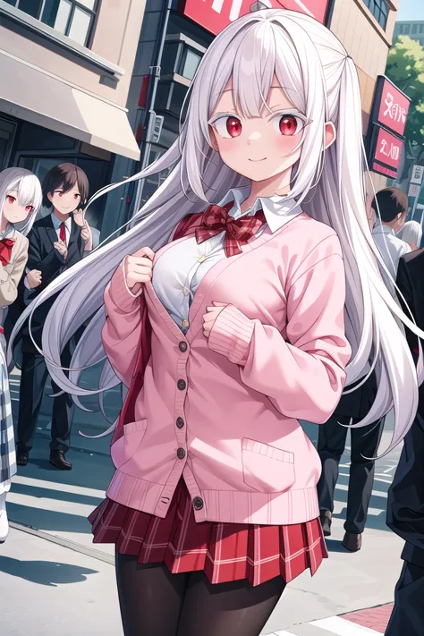 anime girl with long white hair and red eyes walking down the street