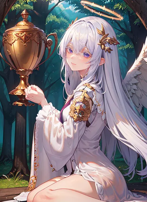 anime girl with angel wings holding a trophy in a forest