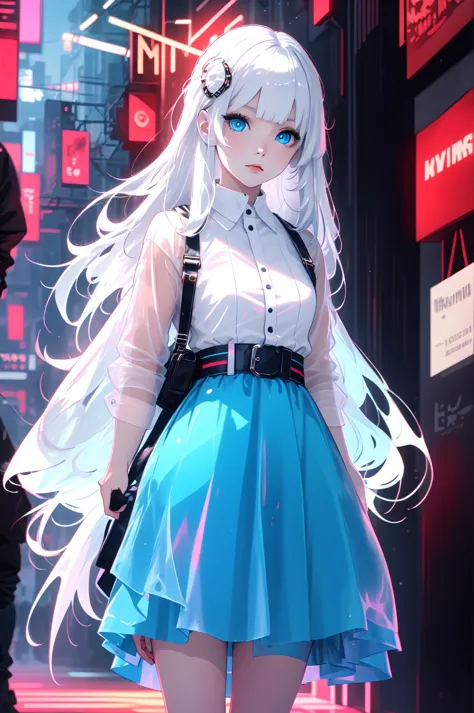 1girl, long white hair, blue eyes, bangs, red dress, cyberpunk background, masterpiece, highly detailed, 8K