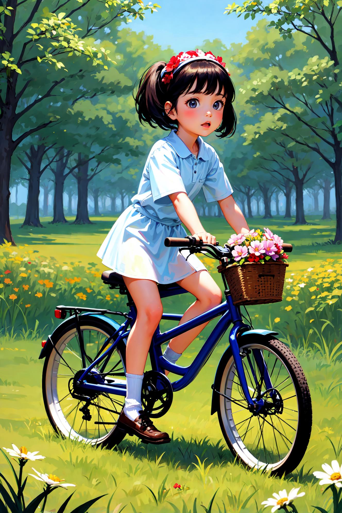 Anime girl riding a bicycle in a park with flowers in a basket - SeaArt AI