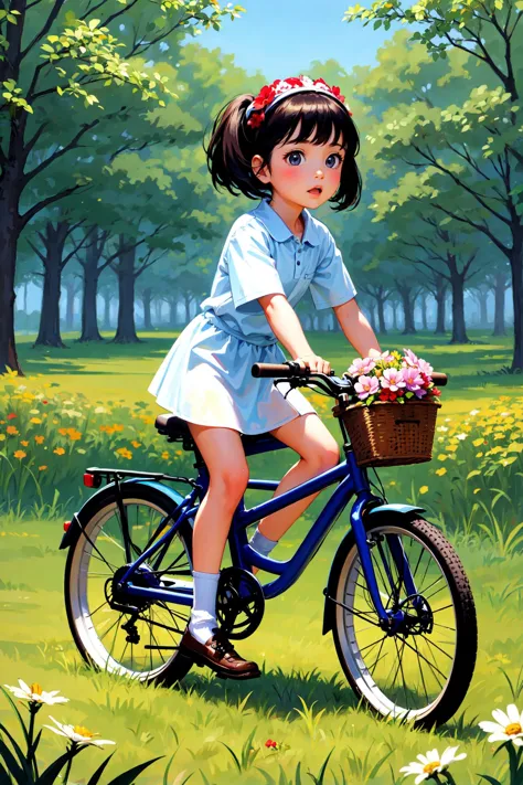 (Masterpiece),(Best Quality),masterpiece,highres,best quality, A little girl riding a bicycle followed by a little dog,flower,gr...