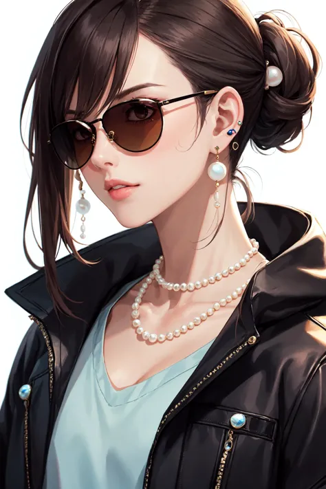 masterpiece,best quality,1girl,saibo,cyberpunk,earrings,simple background,pearls and jewels,sunglasses