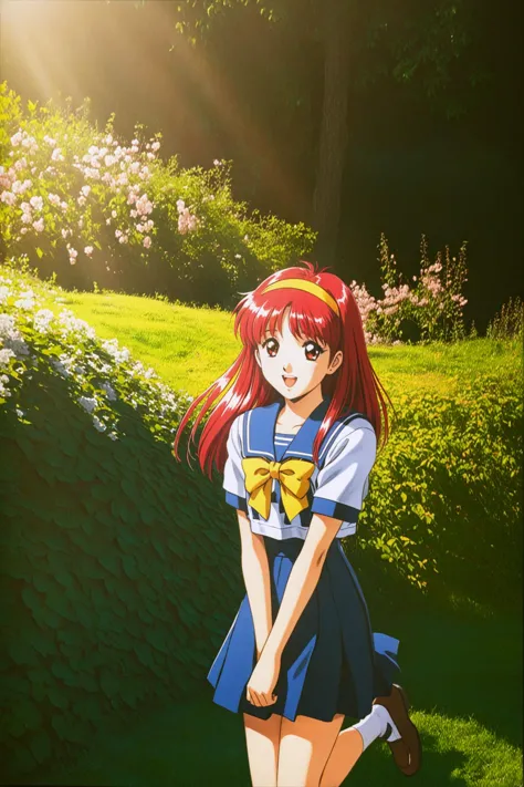 anime girl in a blue dress standing in a field of grass