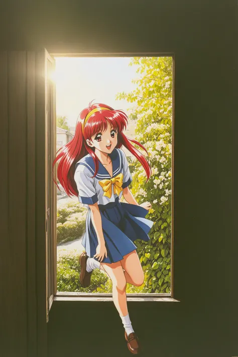 anime girl in a school uniform looking out a window