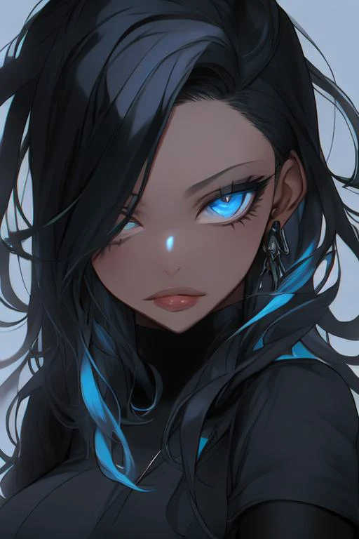 re-l from ergo proxy, black hair, pale skin, blue eys, blue eye shadow, gothic cyberpunk, looking straight, looking at camera, a...