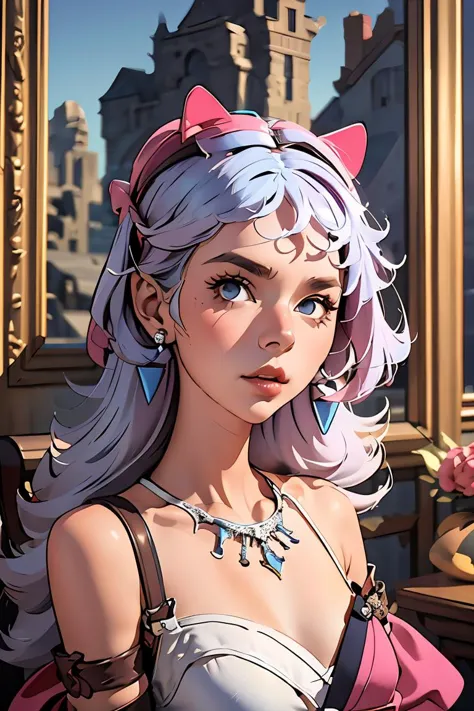 a close up of a woman with a cat ear and a dress