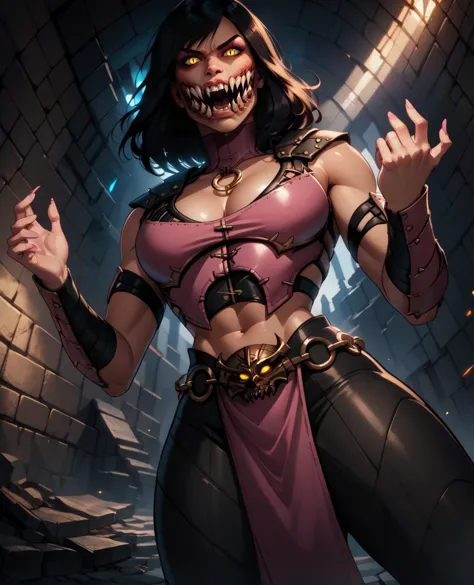 score_9,score_8_up,score_7_up,glowing eyes,
mileenamk10,black hair,yellow eyes,medium hair,slit pupils,hands up,pink fingernails,
pink top,cleavage,stitched,leather armor,belt chain,tight black pants,o-ring,pelvic curtain,
extra teeth,looking at viewer,angry,open mouth,
dynamic angle,
dungeon,underground,
<lora:Mileenamk10:0.8>,