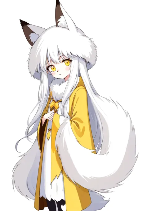 Fairy tale A girl with long white hair and a cute fox hat stands out against a predominantly white background, Wearing a white fox fur coat, she sports yellow eyes and a tail that peeks out from behind her, With a thoughtful expression, she seems deep in thought while donning a stylish hat,, . Magical, fantastical, enchanting, storybook style, highly detailed,gorgeous, vibrant,  award-winning, professional,