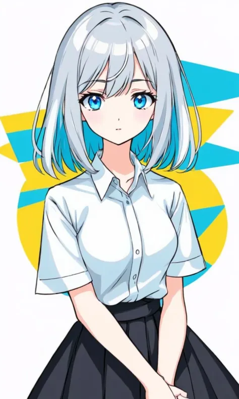 Pop Art style A cute anime girl with blue eyes and silver hair draws herself wearing a white shirt and a black skirt, Her arms are crossed in front of her, showing a serious expression, The background is completely white, making her stand out more,, . Bright colors, bold outlines, popular culture themes, ironic or kitsch